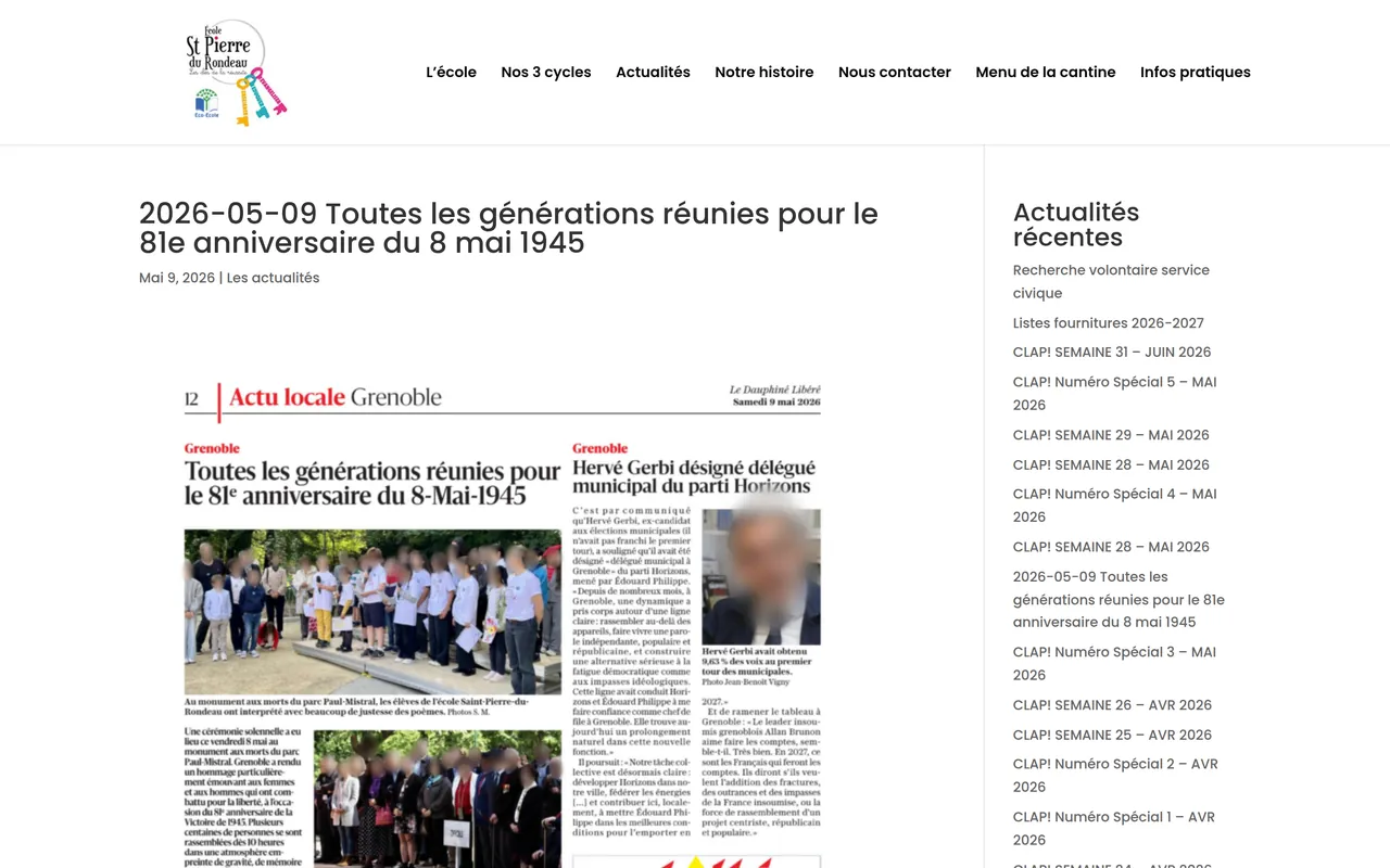 Page « 8 mai 1945 » du site de l’école Saint-Pierre du Rondeau, sur ordinateur.