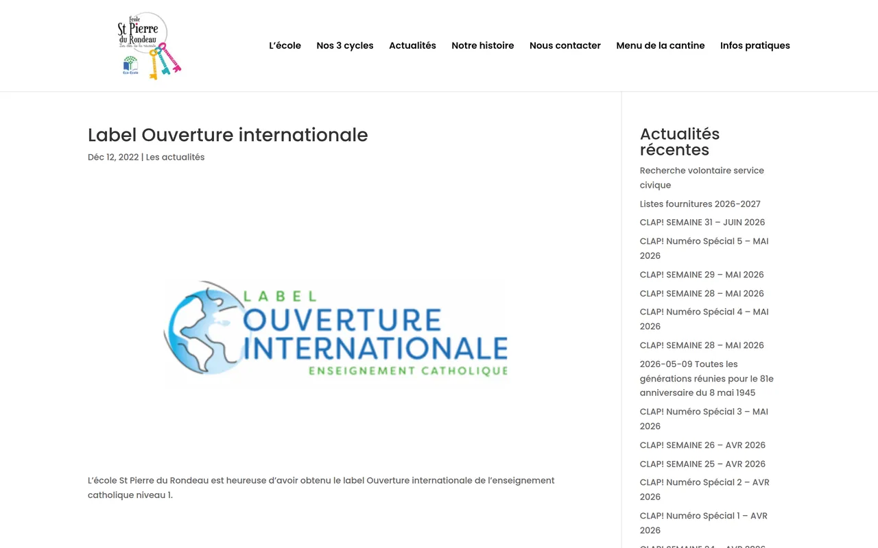 Page « Label Ouverture internationale » du site de l’école Saint-Pierre du Rondeau, sur ordinateur.