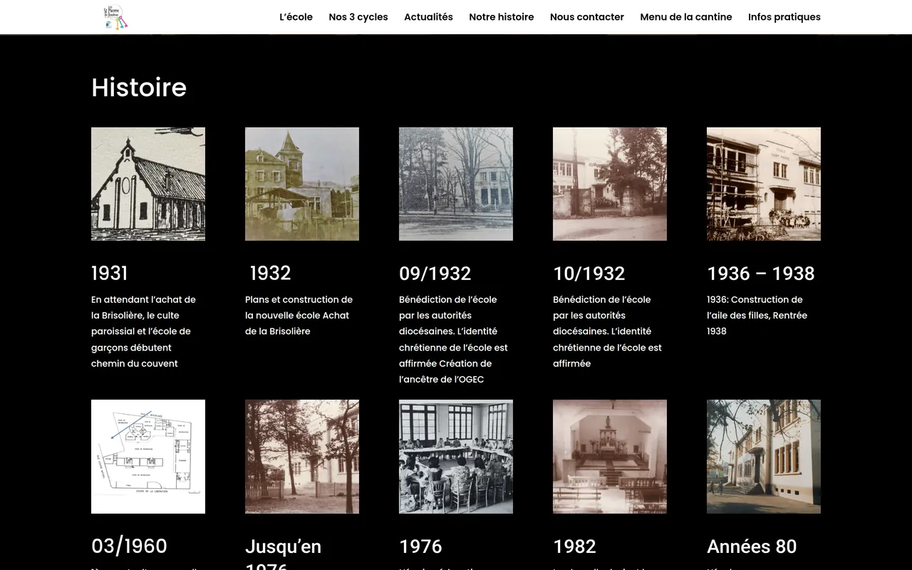 Section « De 1931 aux années 80 » de l’accueil du site de l’école Saint-Pierre du Rondeau, sur ordinateur.