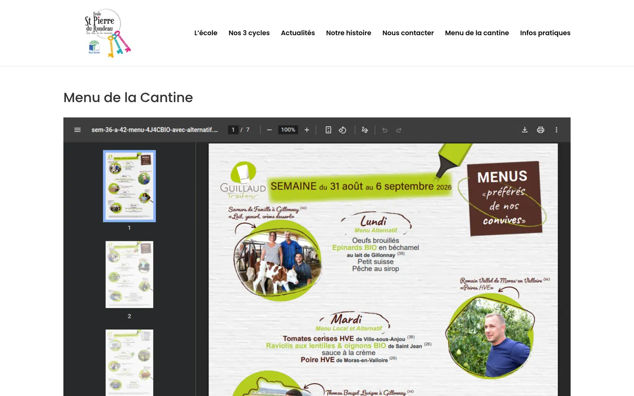 Page « Menu de la cantine » du site de l’école Saint-Pierre du Rondeau, sur ordinateur.