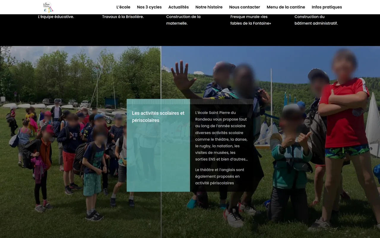 Section « Les activités scolaires et périscolaires » de l’accueil du site de l’école Saint-Pierre du Rondeau, sur ordinateur.