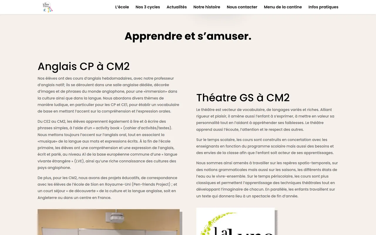 Section « Apprendre et s’amuser » de l’accueil du site de l’école Saint-Pierre du Rondeau, sur ordinateur.