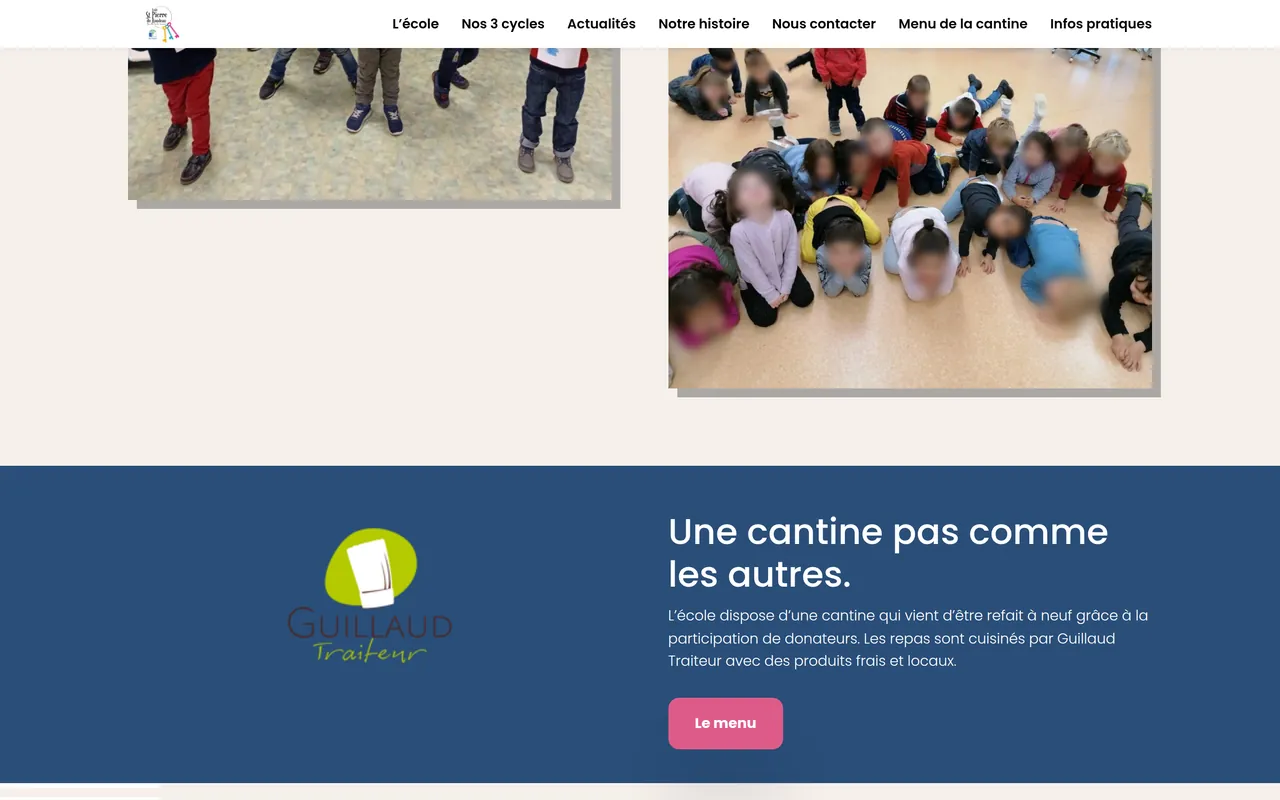 Section « Une cantine pas comme les autres » de l’accueil du site de l’école Saint-Pierre du Rondeau, sur ordinateur.