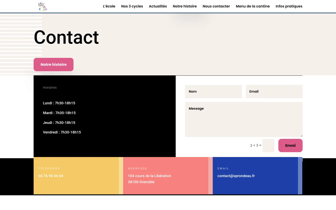 Section « Contact » de l’accueil du site de l’école Saint-Pierre du Rondeau, sur ordinateur.