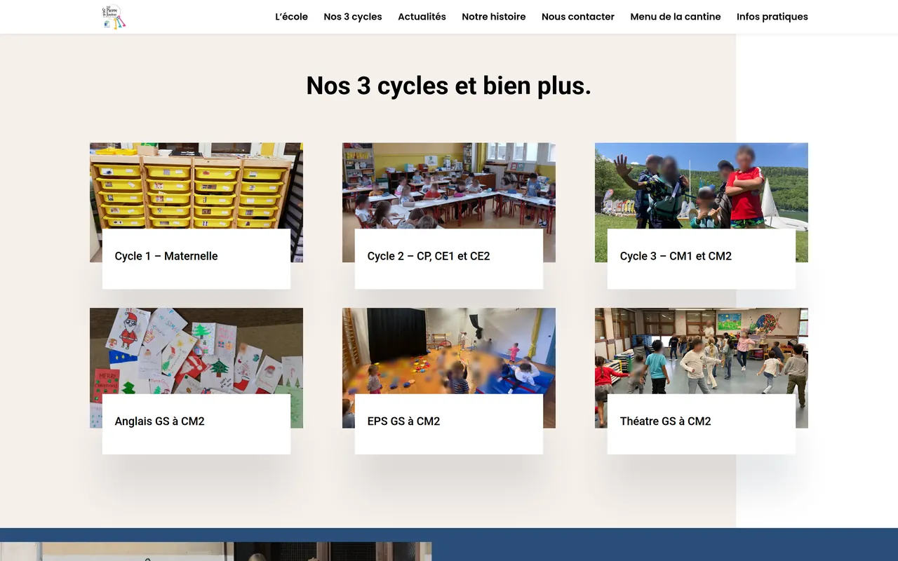 Section « Nos 3 cycles et bien plus » de l’accueil du site de l’école Saint-Pierre du Rondeau, sur ordinateur.