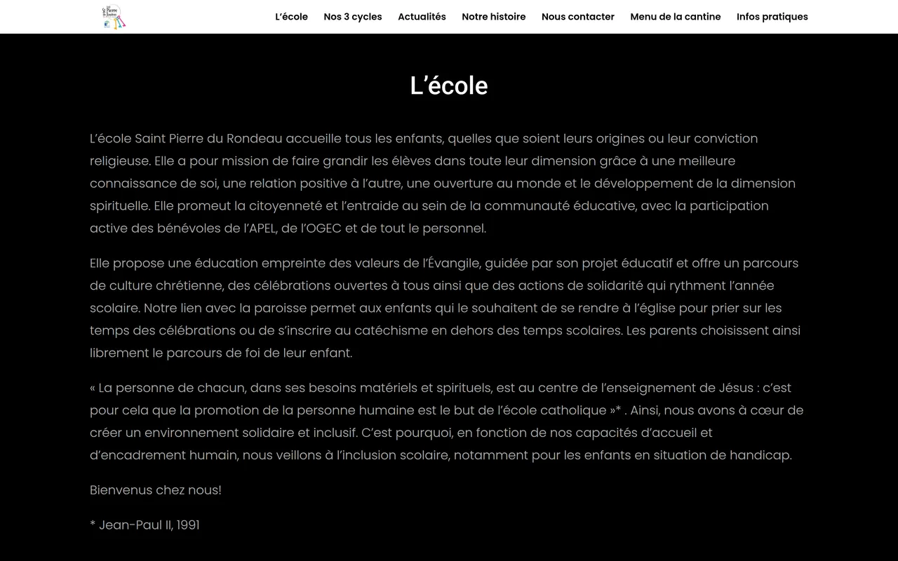 Section « L’école » de l’accueil du site de l’école Saint-Pierre du Rondeau, sur ordinateur.