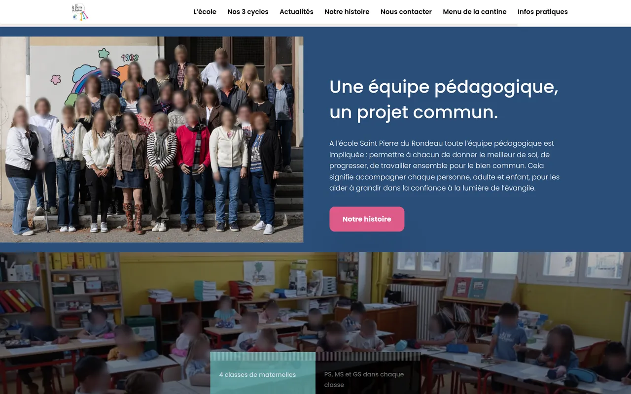 Section « Une équipe pédagogique, un projet commun » de l’accueil du site de l’école Saint-Pierre du Rondeau, sur ordinateur.