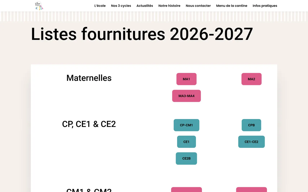 Section « Listes fournitures 2026-2027 » de la page « Infos pratiques » du site de l’école Saint-Pierre du Rondeau, sur ordinateur.