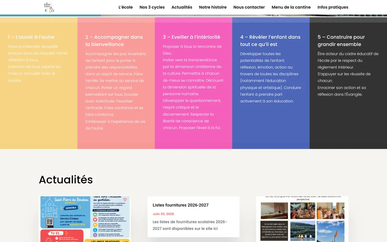 Section « Le projet éducatif » de l’accueil du site de l’école Saint-Pierre du Rondeau, sur ordinateur.