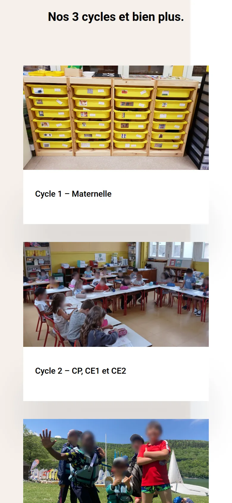 Section « Nos 3 cycles » de l’accueil du site de l’école Saint-Pierre du Rondeau, sur téléphone.