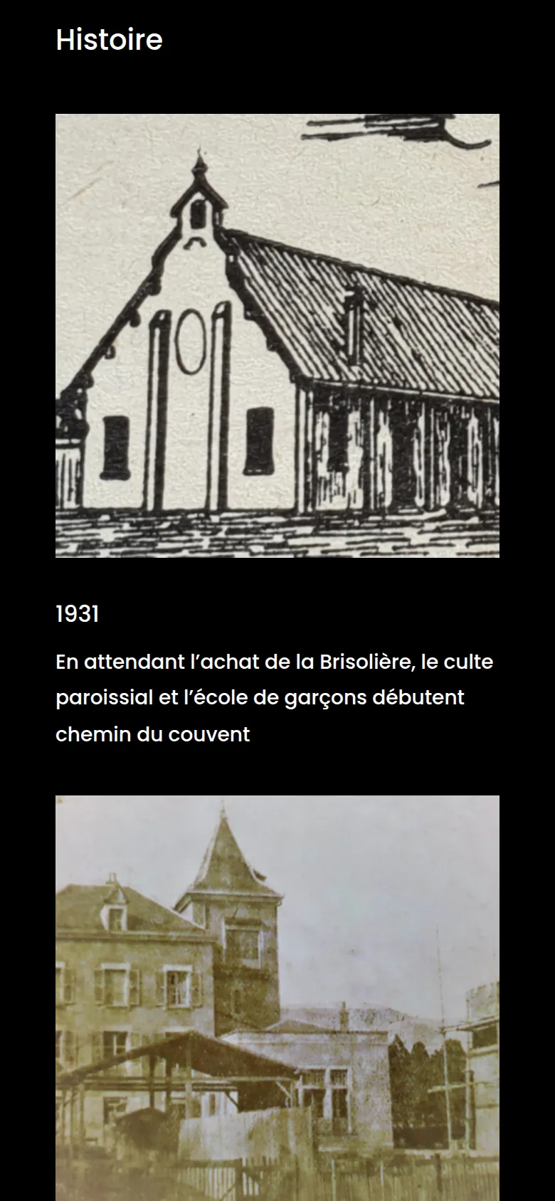 Section « Histoire » de l’accueil du site de l’école Saint-Pierre du Rondeau, sur téléphone.