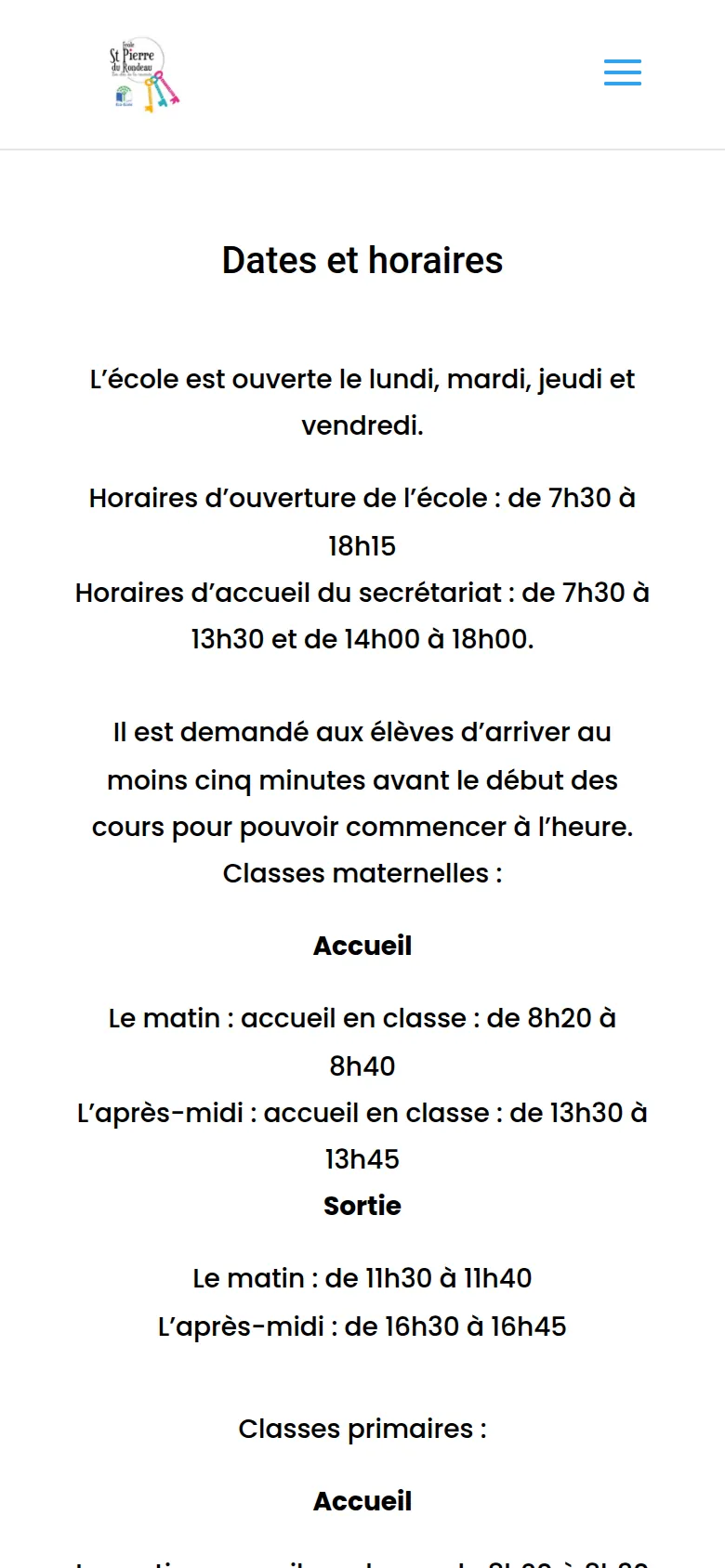 Page « Infos pratiques » du site de l’école Saint-Pierre du Rondeau, sur téléphone.