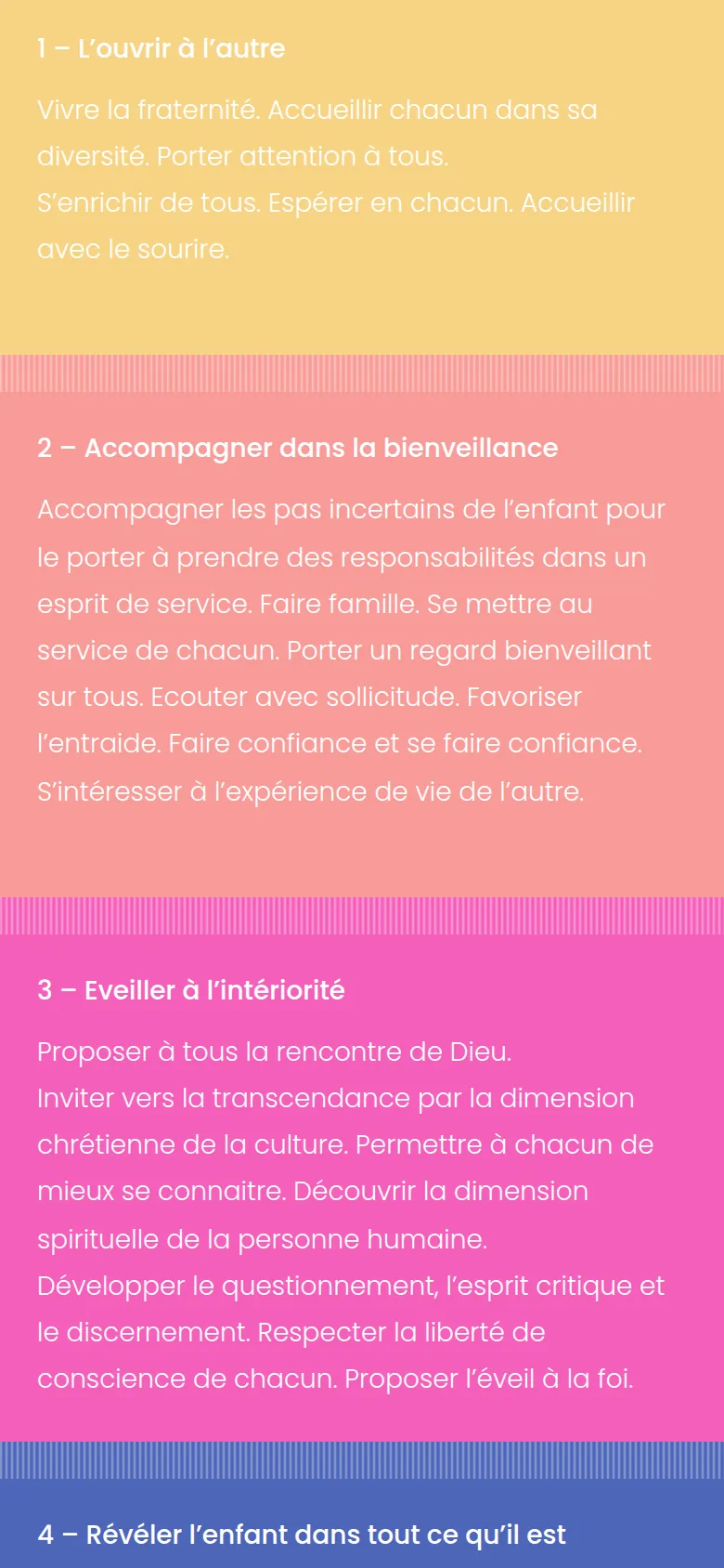 Section « Le projet éducatif » de l’accueil du site de l’école Saint-Pierre du Rondeau, sur téléphone.