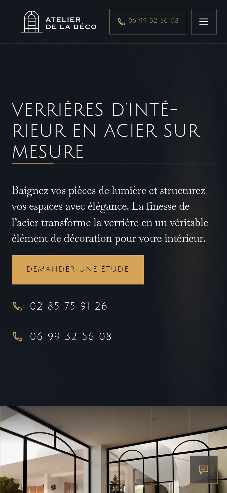 Page « Verrières » du site d’Atelier de la Déco, sur téléphone.