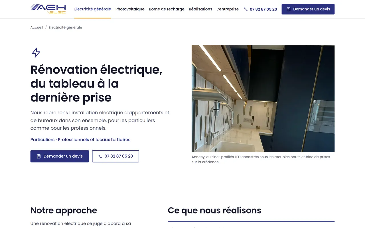 Page « Électricité générale » du site d’AEH ELEC, sur ordinateur.