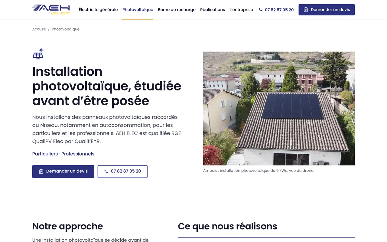 Page « Photovoltaïque » du site d’AEH ELEC, sur ordinateur.