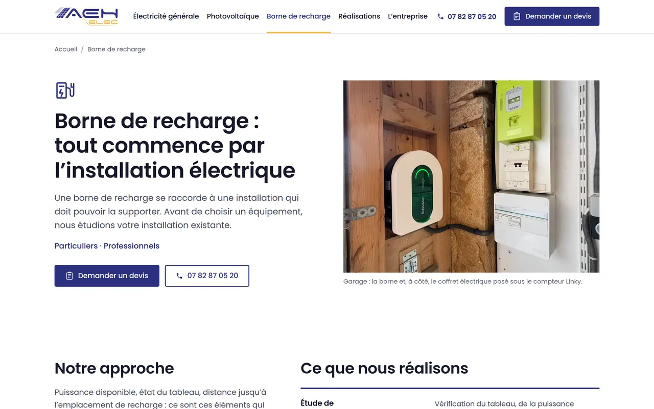 Page « Borne de recharge » du site d’AEH ELEC, sur ordinateur.