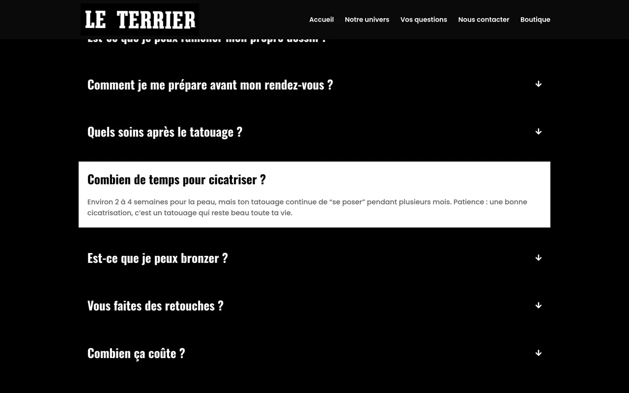 La question « Combien de temps pour cicatriser ? » ouverte dans la FAQ du site du Terrier, sur ordinateur.
