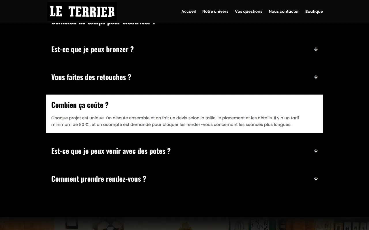 La question « Combien ça coûte ? » ouverte dans la FAQ du site du Terrier, sur ordinateur.