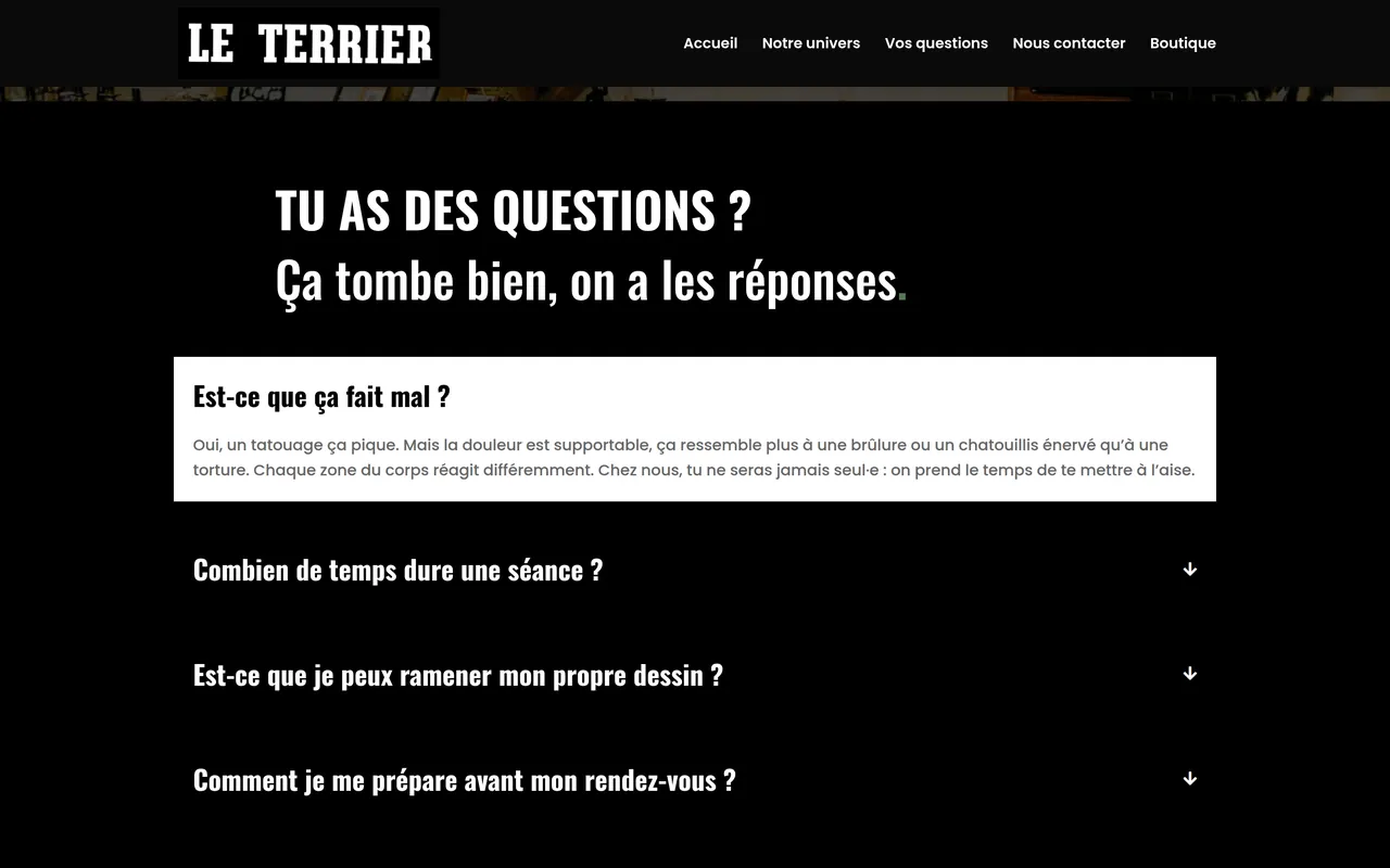 La question « Est-ce que ça fait mal ? » ouverte dans la FAQ du site du Terrier, sur ordinateur.