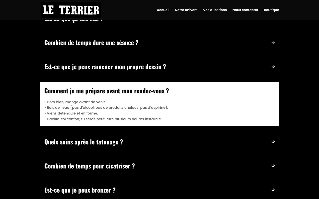 La question « Comment je me prépare avant mon rendez-vous ? » ouverte dans la FAQ du site du Terrier, sur ordinateur.