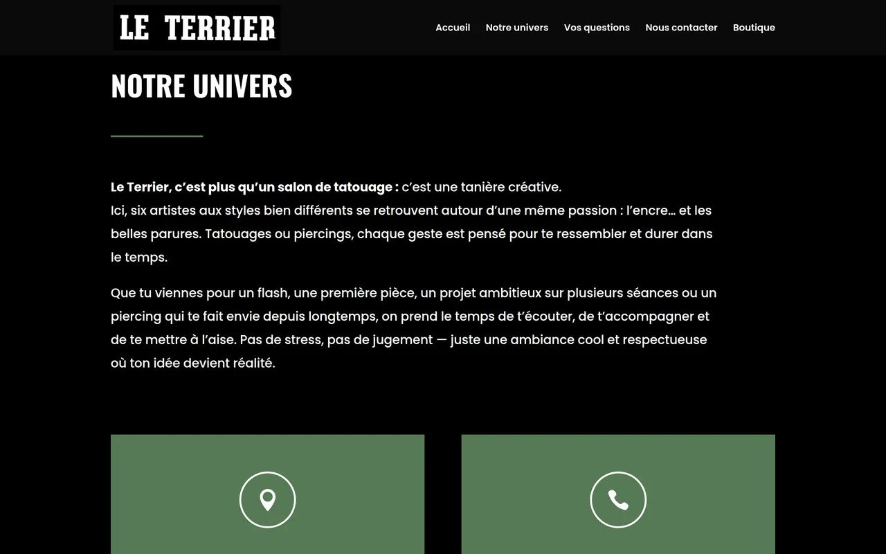Section « Notre univers » de l’accueil du site du Terrier, sur ordinateur.