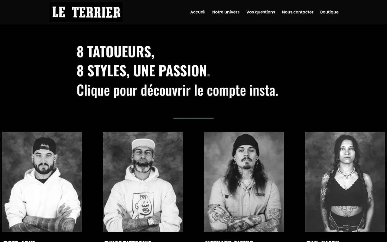 Section « 8 tatoueurs, 8 styles, une passion » de l’accueil du site du Terrier, sur ordinateur.