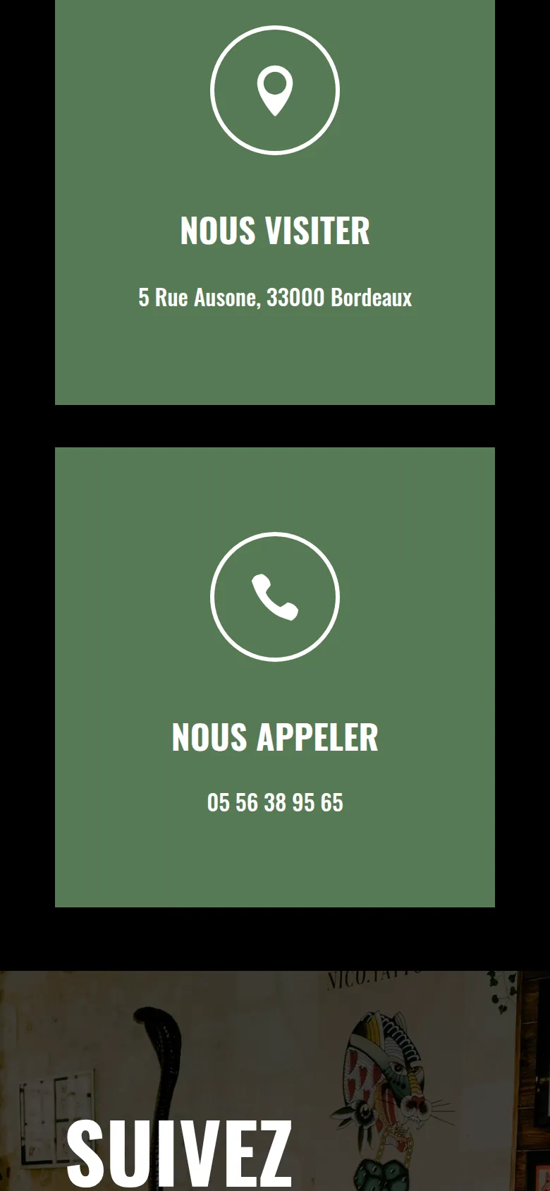 Section « Nous visiter, nous appeler » de l’accueil du site du Terrier, sur téléphone.