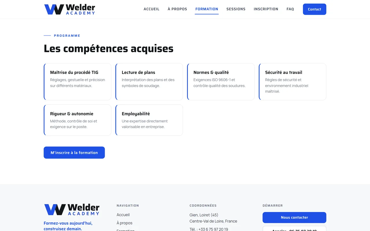 Section « Les compétences acquises » de la page « Formation » du site de Welder Academy, sur ordinateur.