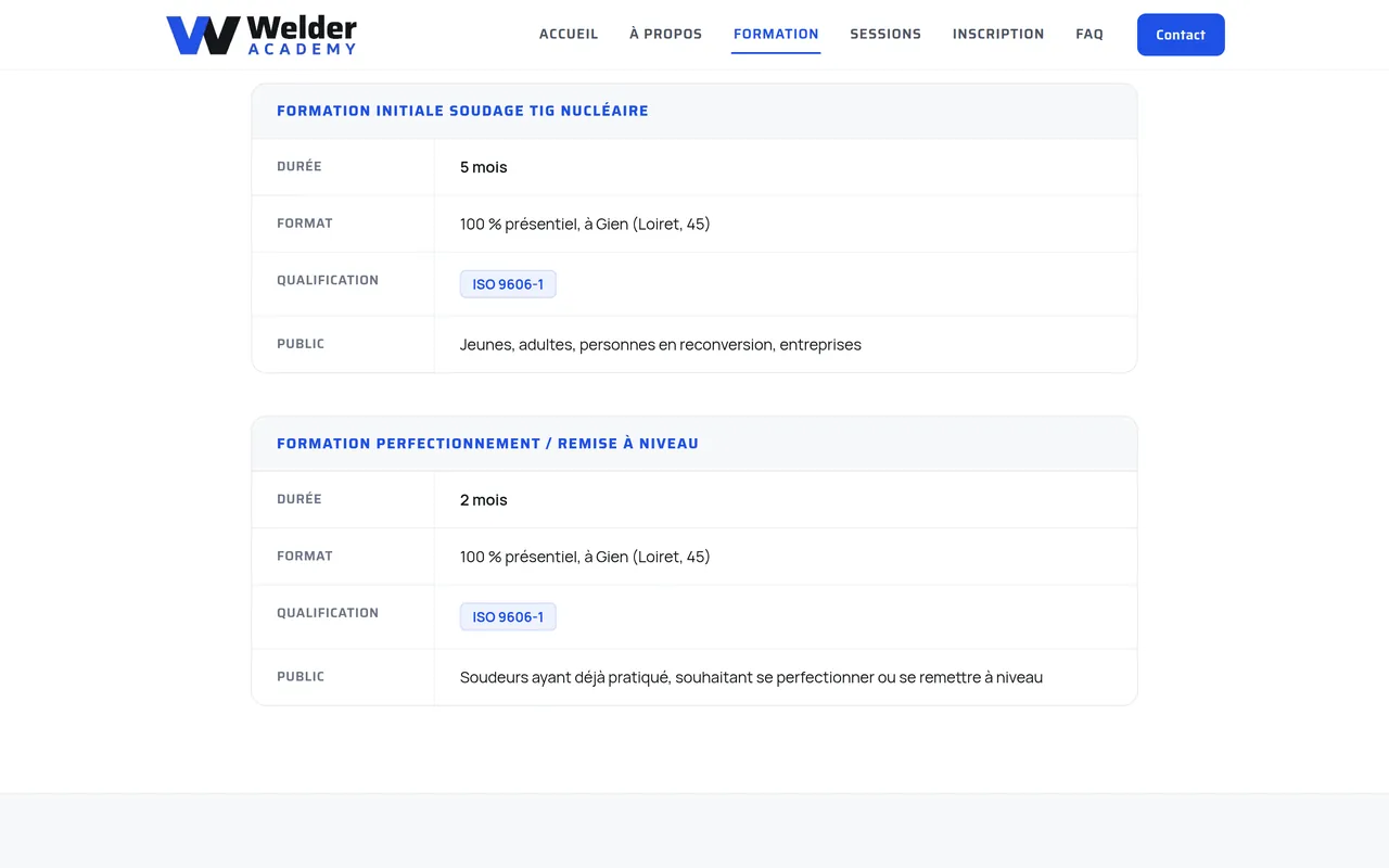 Section « Les deux fiches » de la page « Formation » du site de Welder Academy, sur ordinateur.
