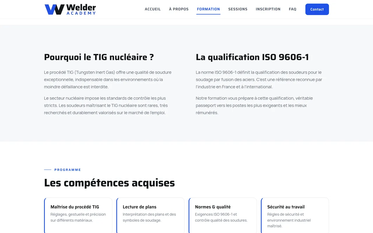 Section « Pourquoi le TIG nucléaire ? » de la page « Formation » du site de Welder Academy, sur ordinateur.