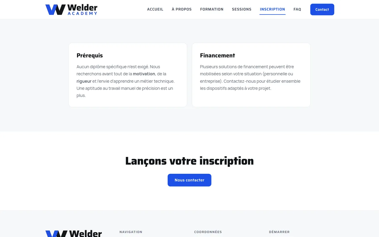 Section « Prérequis et financement » de la page « Inscription » du site de Welder Academy, sur ordinateur.