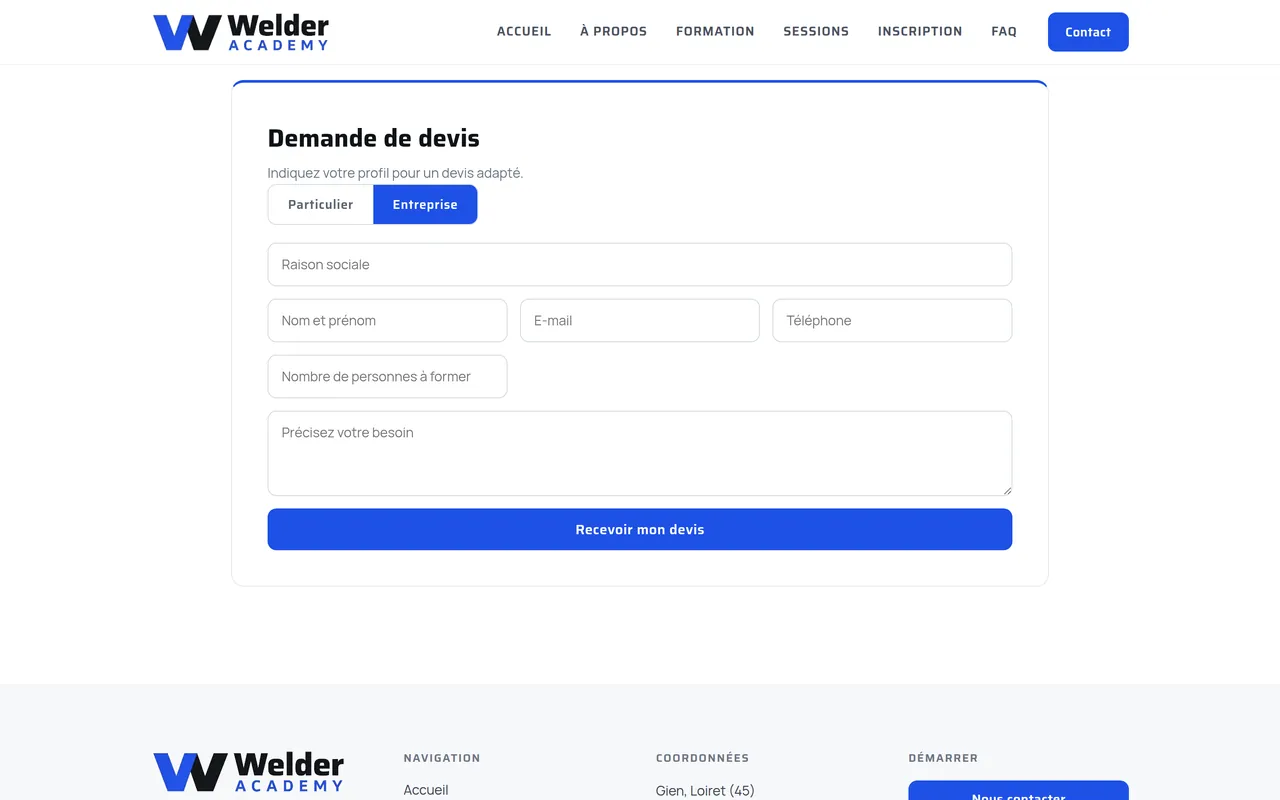 Section « Demande de devis, entreprise » de la page « Contact » du site de Welder Academy, sur ordinateur.