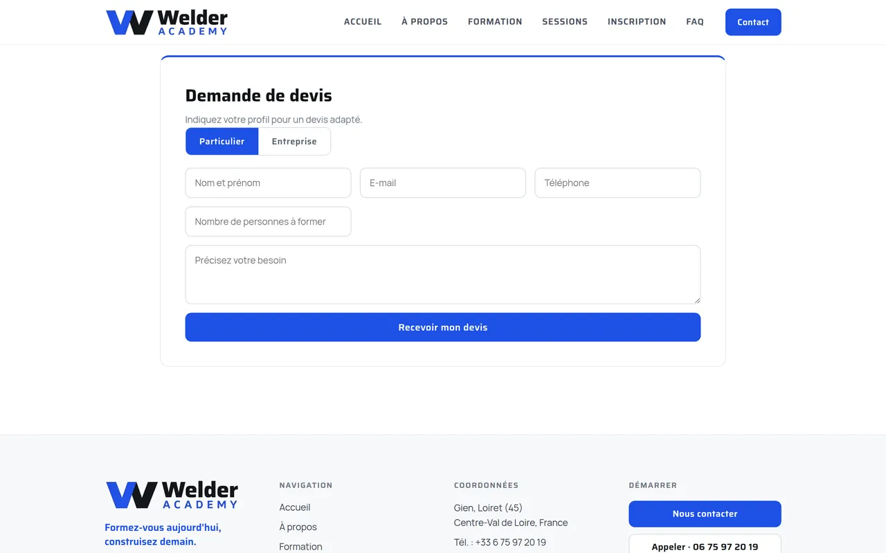 Section « Demande de devis, particulier » de la page « Contact » du site de Welder Academy, sur ordinateur.