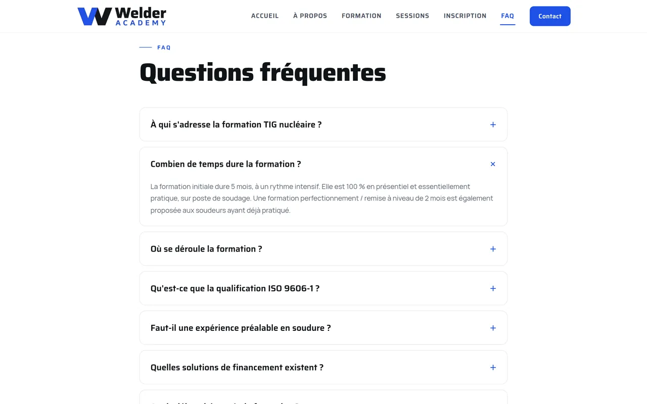 Section « Combien de temps dure la formation ? » de la page « FAQ » du site de Welder Academy, sur ordinateur.