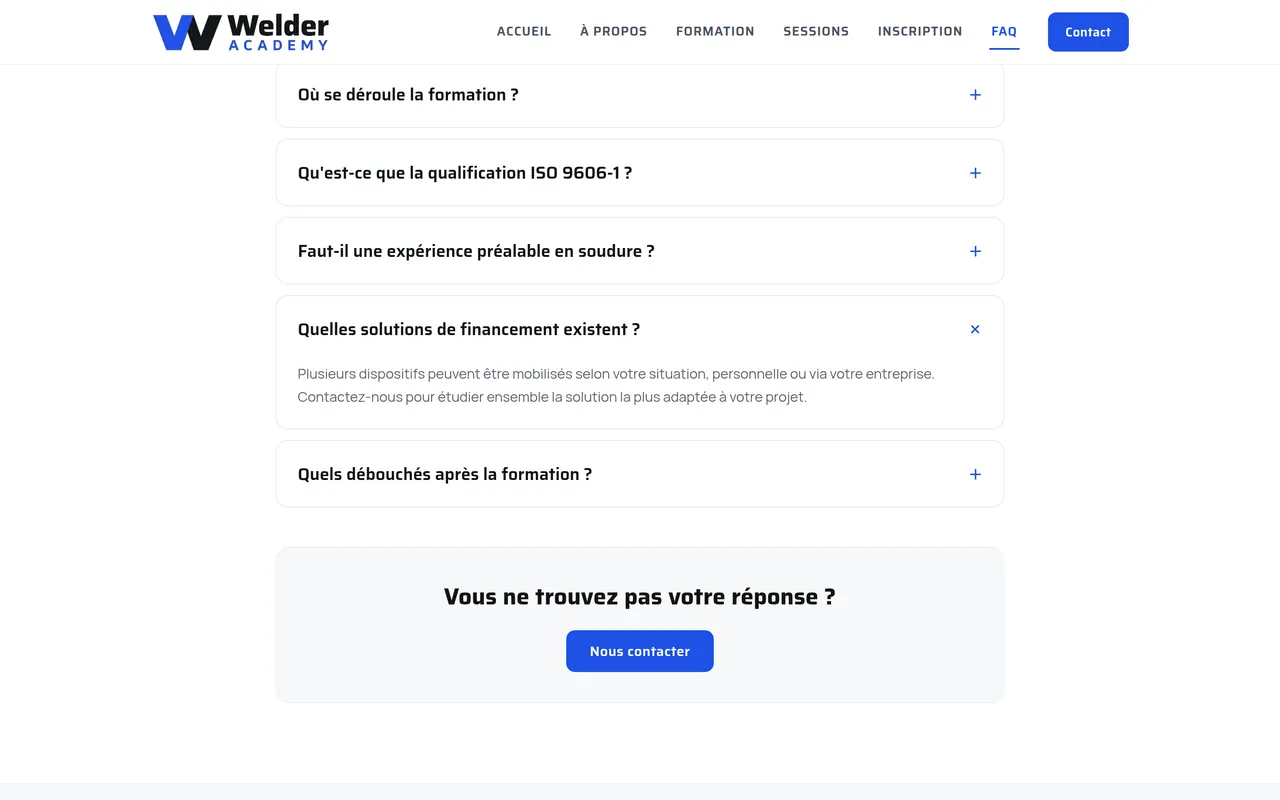 Section « Quelles solutions de financement existent ? » de la page « FAQ » du site de Welder Academy, sur ordinateur.