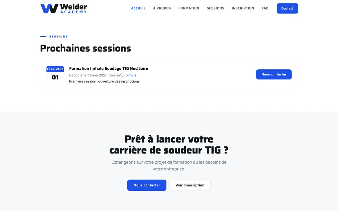 Section « Prochaines sessions » de l’accueil du site de Welder Academy, sur ordinateur.