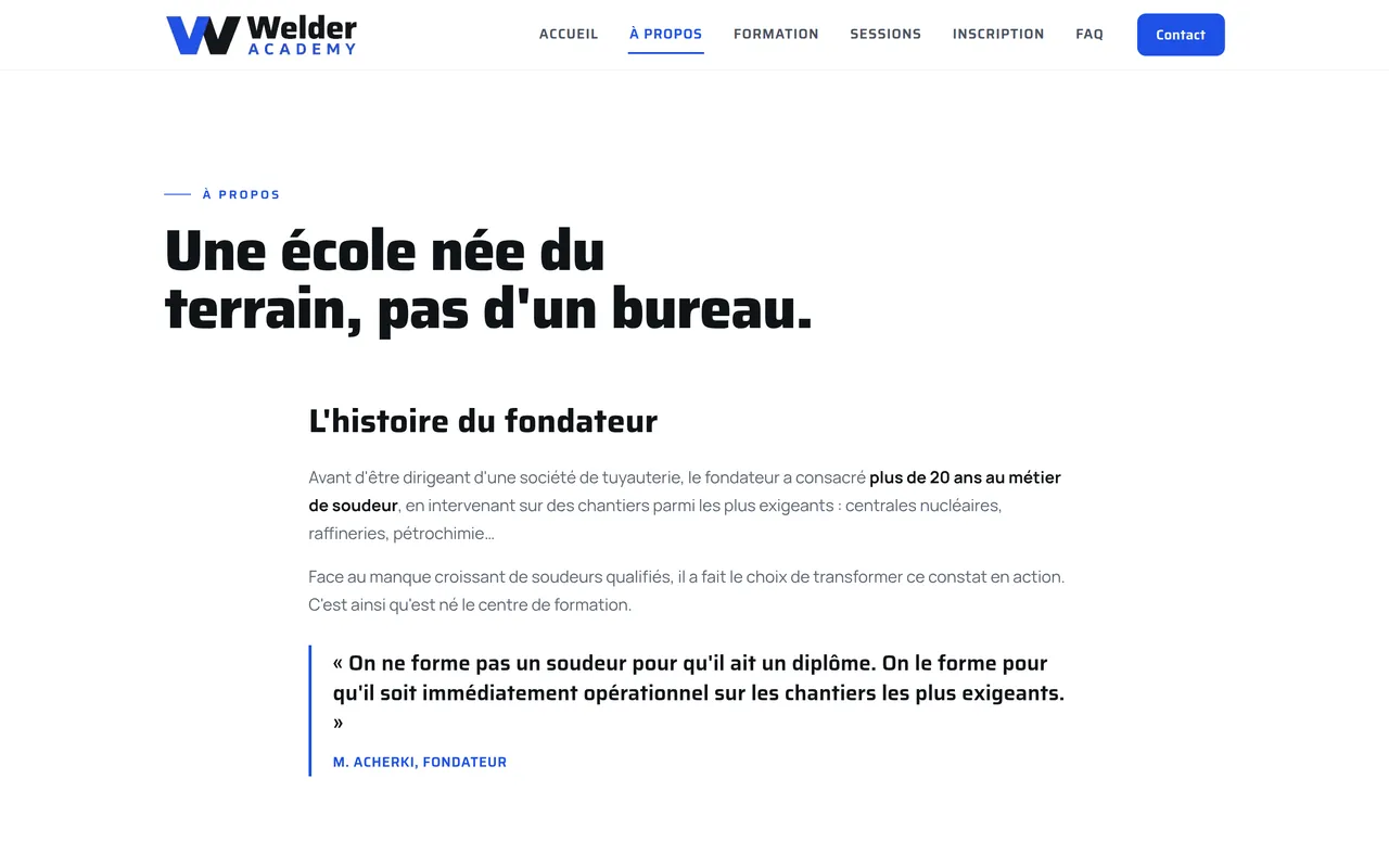 Page « À propos » du site de Welder Academy, sur ordinateur.