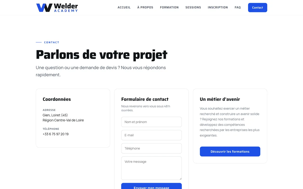 Page « Contact » du site de Welder Academy, sur ordinateur.