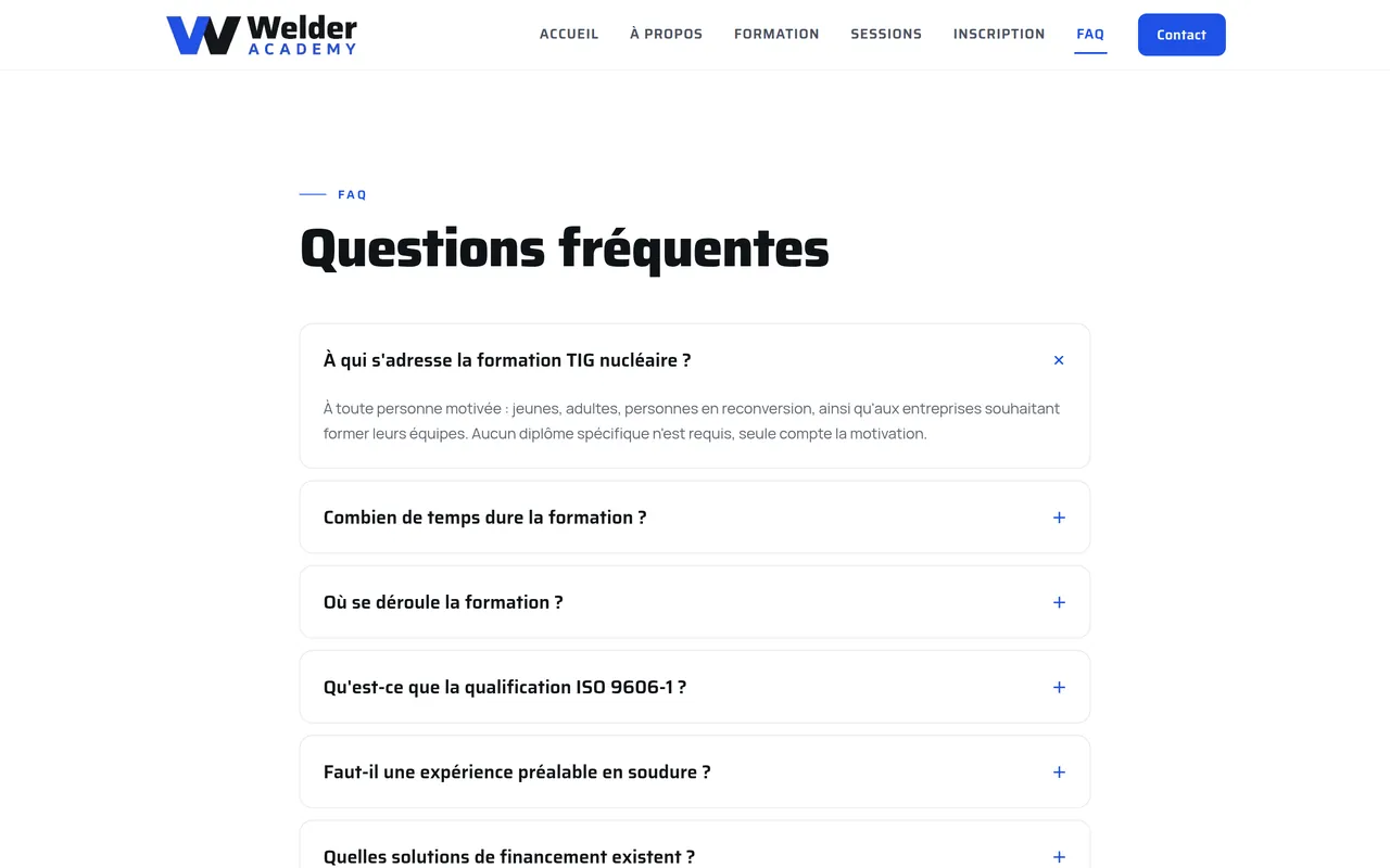 Page « FAQ » du site de Welder Academy, sur ordinateur.