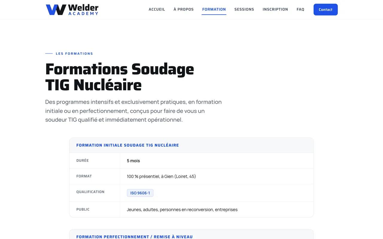 Page « Formation » du site de Welder Academy, sur ordinateur.