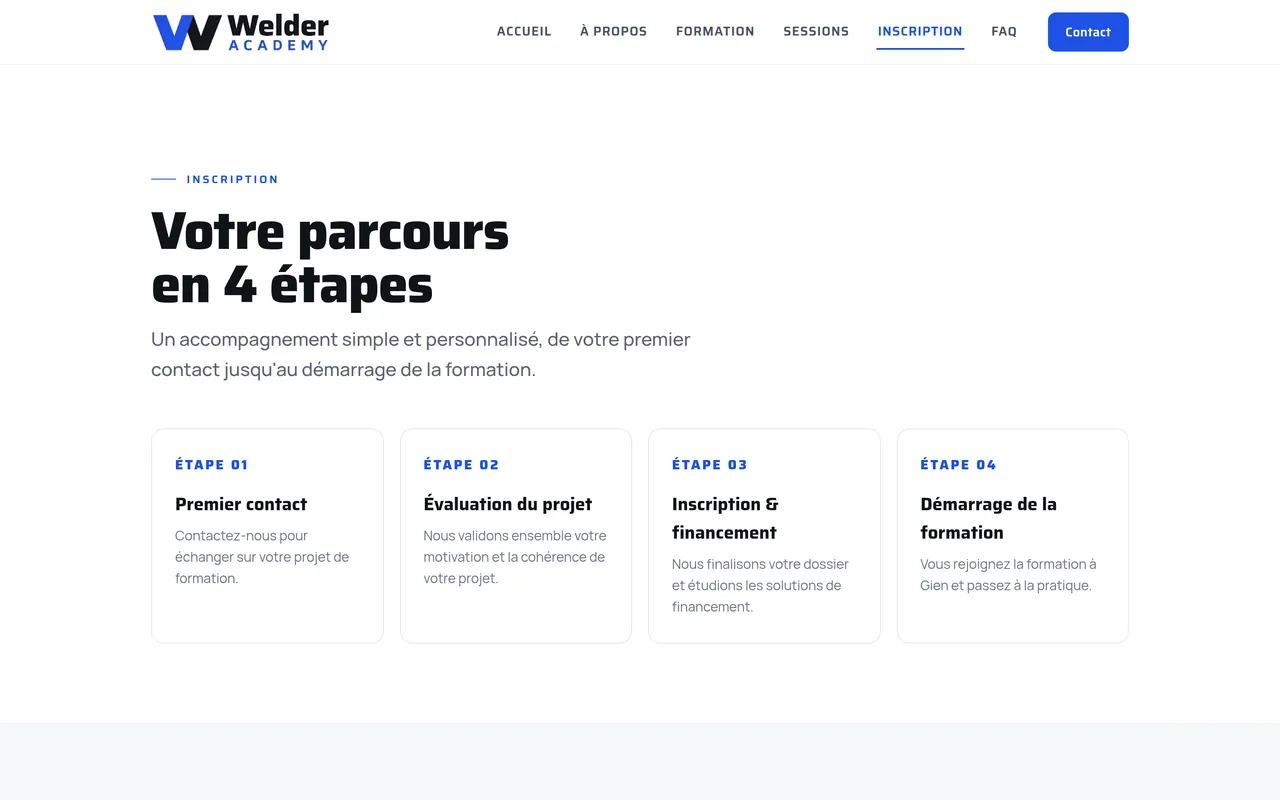 Page « Inscription » du site de Welder Academy, sur ordinateur.