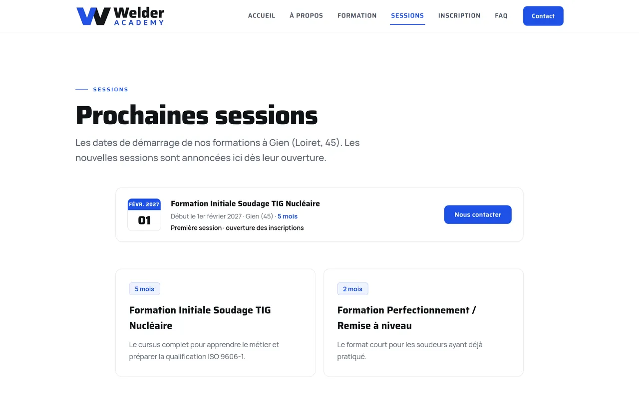 Page « Sessions » du site de Welder Academy, sur ordinateur.