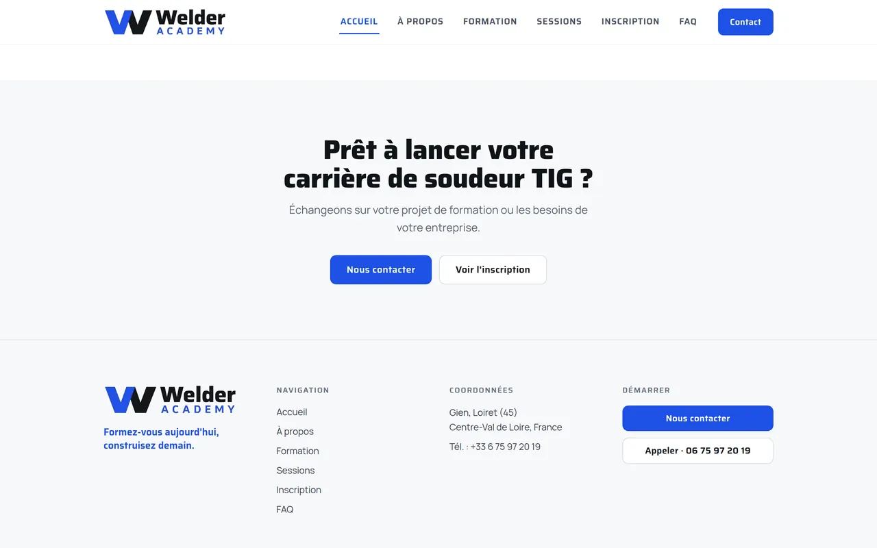 Section « Prêt à lancer votre carrière ? » de l’accueil du site de Welder Academy, sur ordinateur.