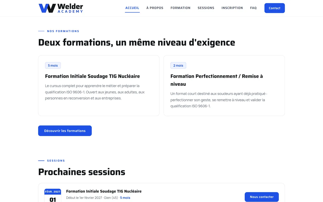 Section « Nos formations » de l’accueil du site de Welder Academy, sur ordinateur.