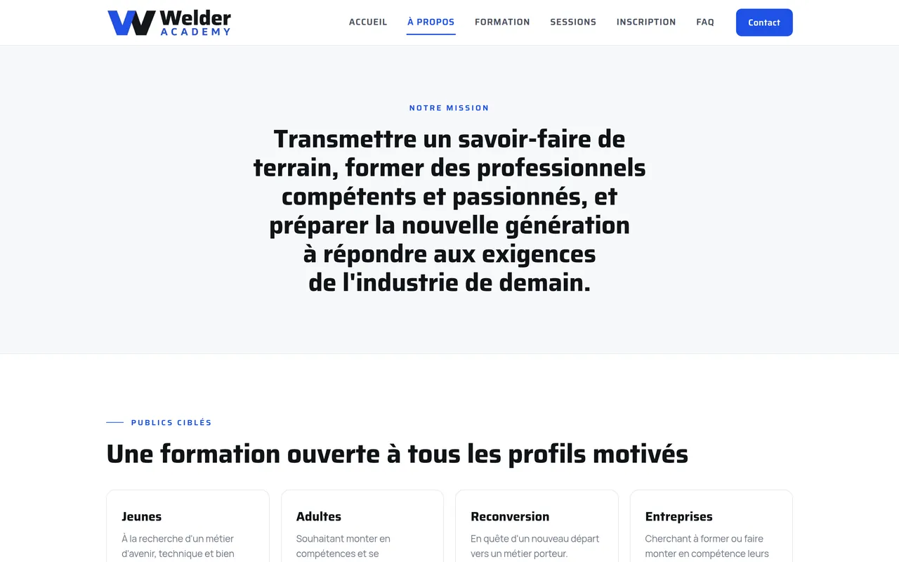 Section « Notre mission » de la page « À propos » du site de Welder Academy, sur ordinateur.