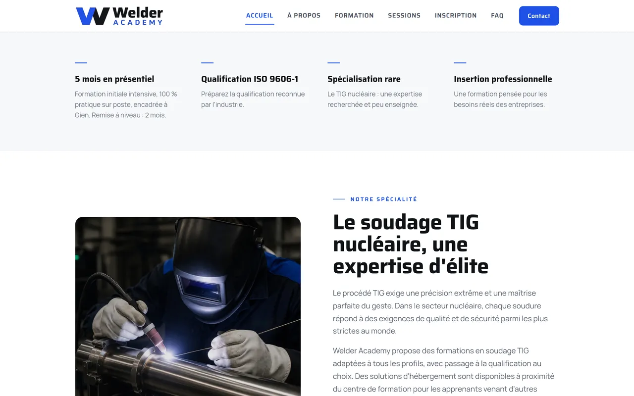 Section « Les points clés » de l’accueil du site de Welder Academy, sur ordinateur.