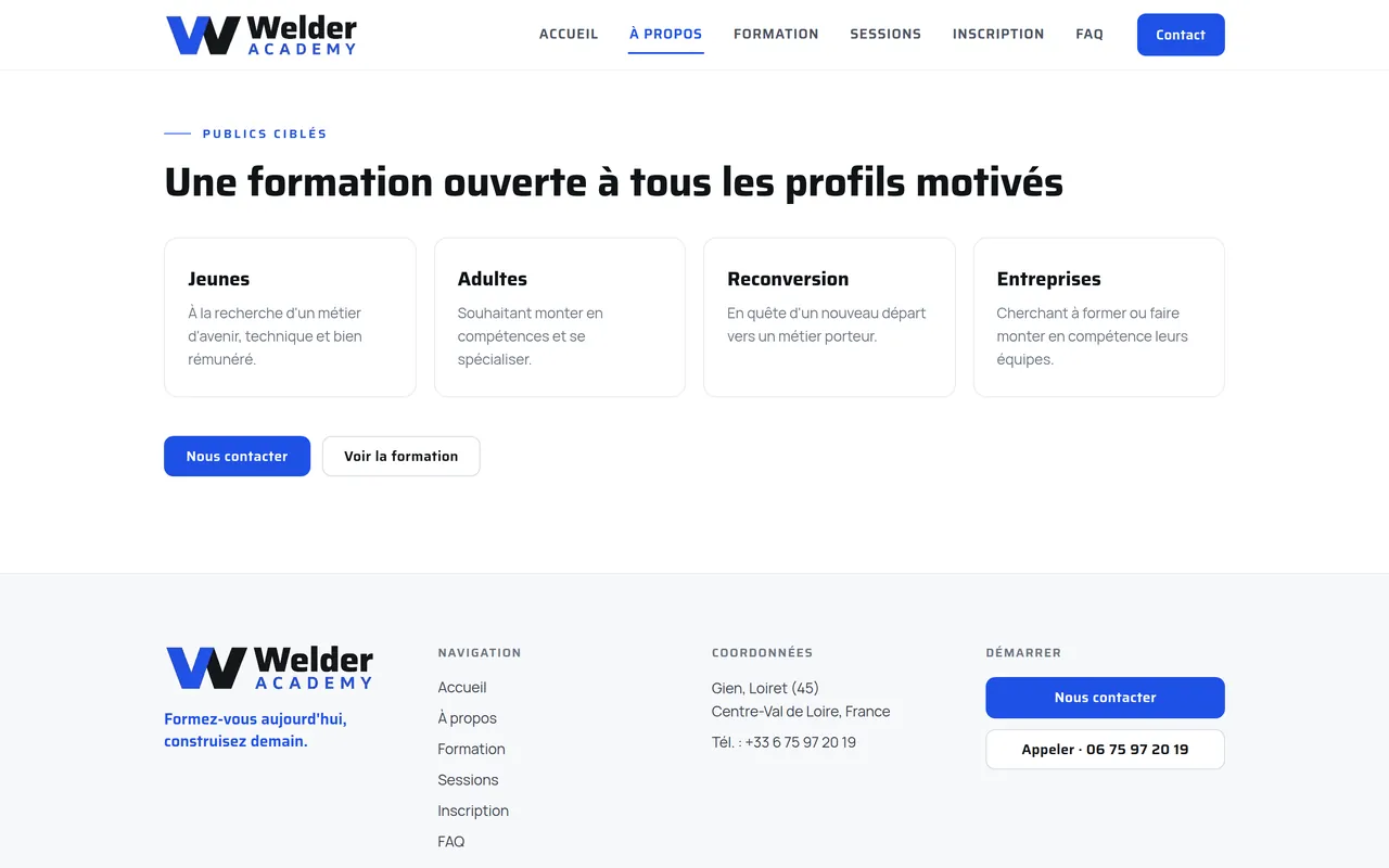 Section « Publics ciblés » de la page « À propos » du site de Welder Academy, sur ordinateur.