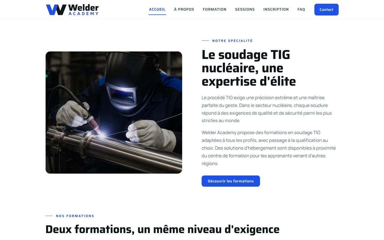 Section « Notre spécialité » de l’accueil du site de Welder Academy, sur ordinateur.