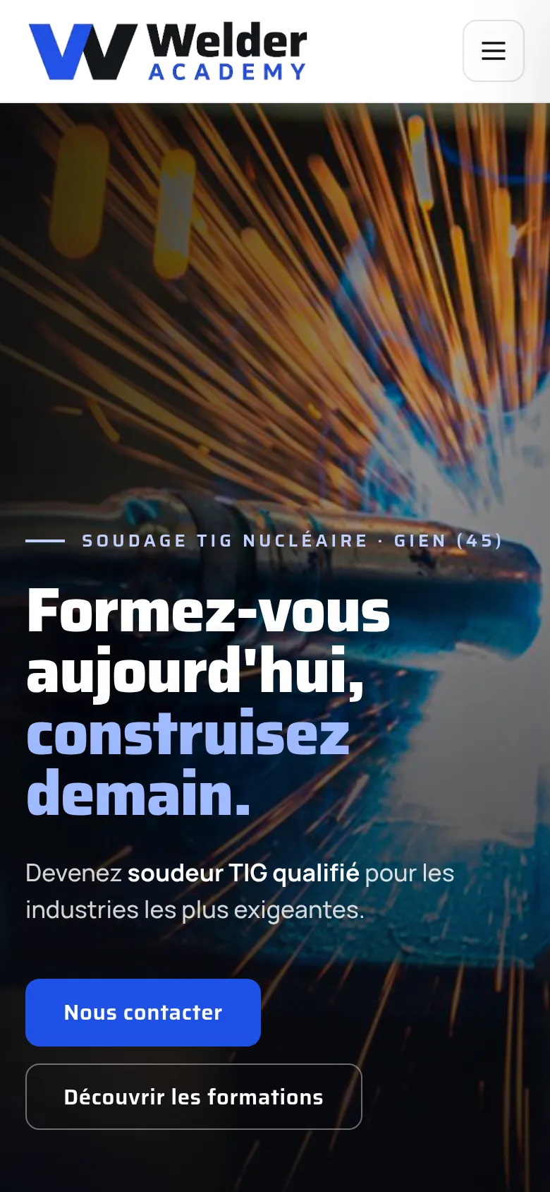 Page d’accueil du site de Welder Academy, sur téléphone.
